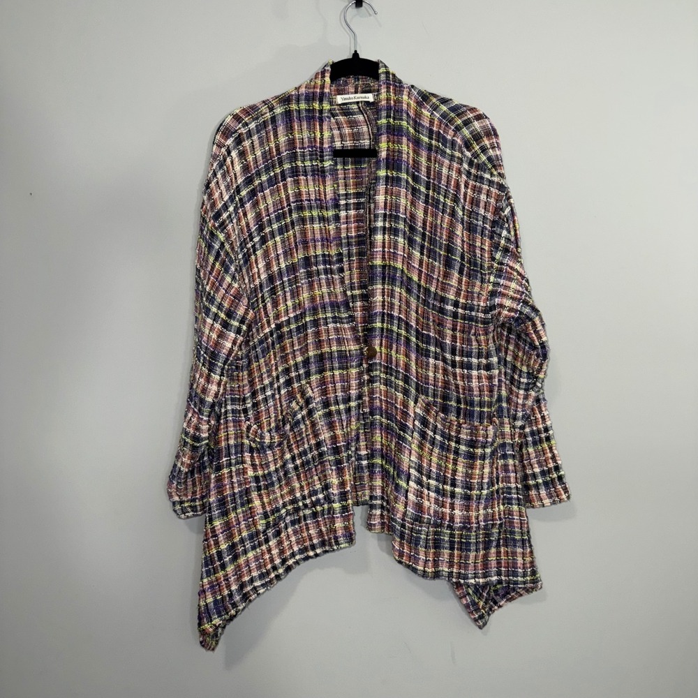 Yasuko‎ Kurisaka Woven Plaid Open Front Cardigan Jacket Multi Color Size L